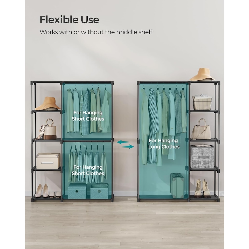 image 1 of Open Design Wardrobe with Dual Hanging Areas and Shelving Storage, Black