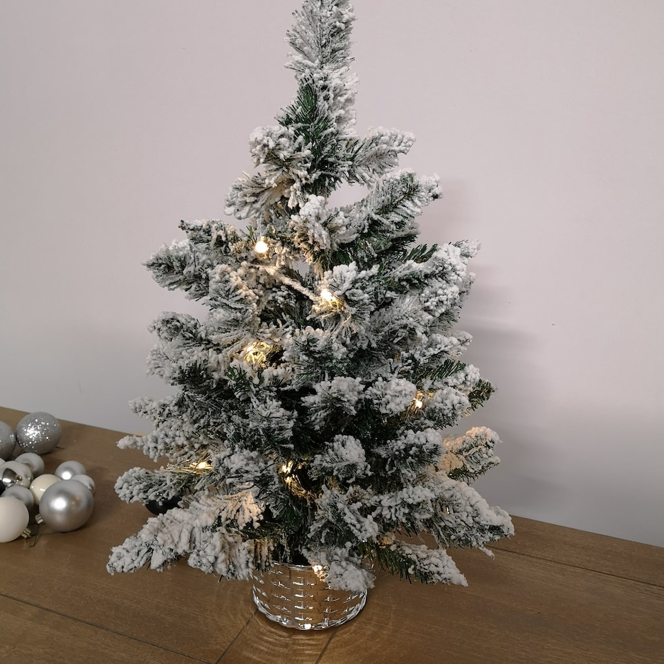 image 1 of 2ft (60cm) Pre Lit Battery LED Snow Flocked Miniature Christmas Tree with Timer