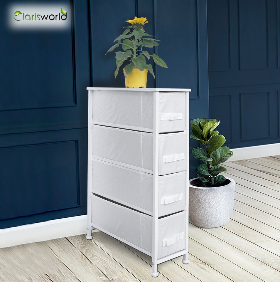 image 1 of Clarisworld 4 Narrow Drawer Storage Tower Dresser with Wood Top, Steel Frame & Laminated Fabric Drawers, Slim Storage Organiser Unit for Bedroom, Hallway, Entryway, Closet & Office