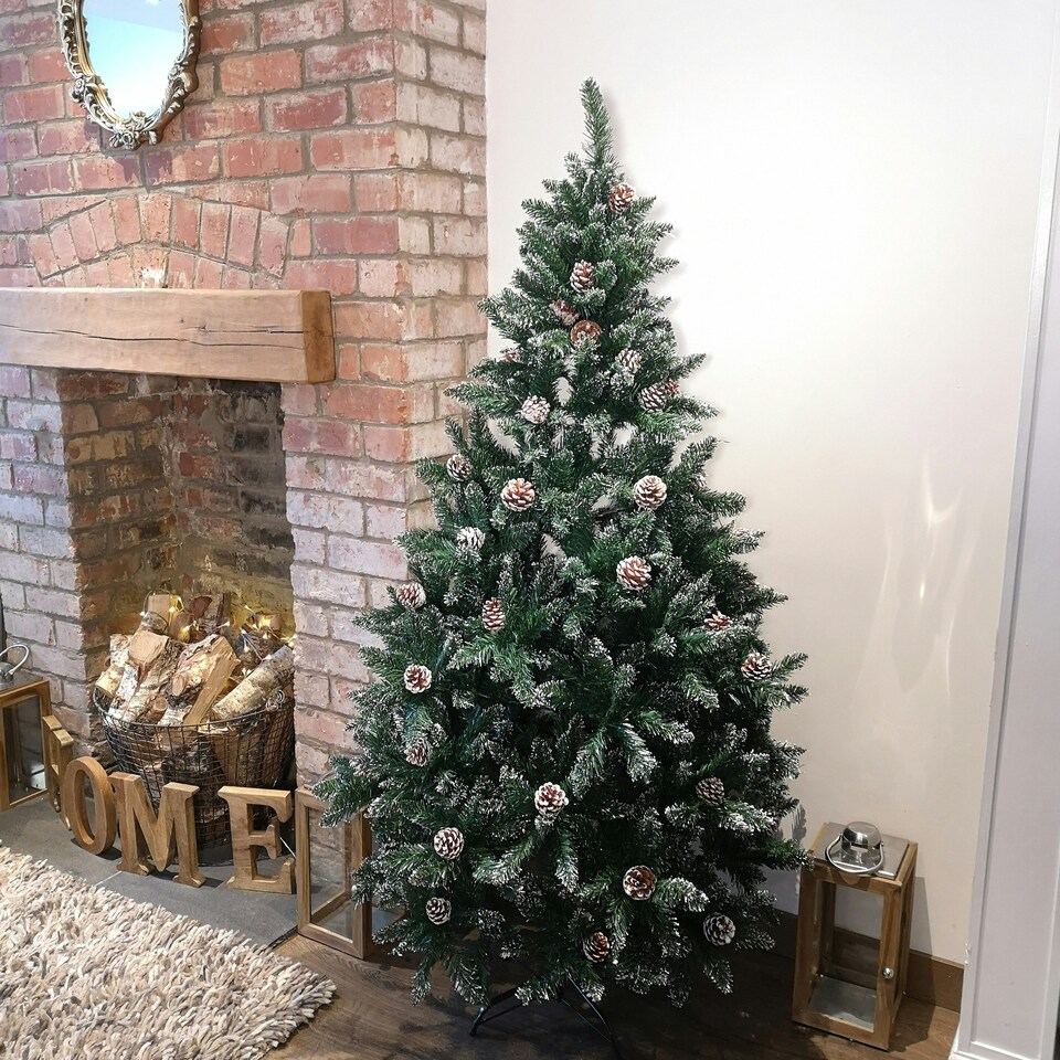 image 1 of 6ft (180cm) Rocky Mountain Pine Green Artificial Christmas Tree Snow Tip and Pine Cones