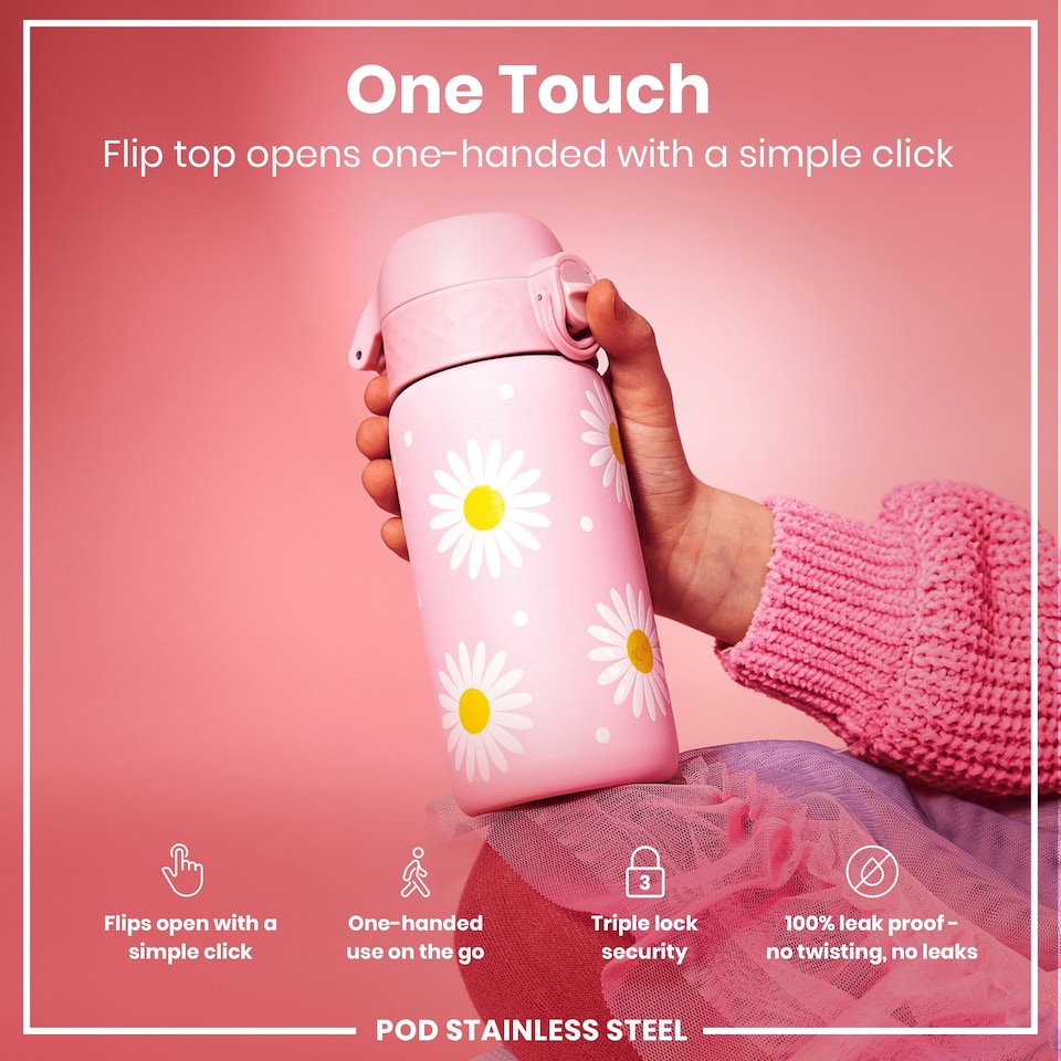 image 1 of Leak Proof Kids Water Bottle, Stainless Steel, 400ml (13oz) | Pink | Daisies | One Size