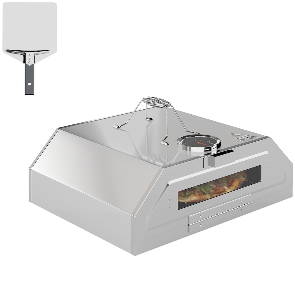image 1 of Outsunny Outdoor BBQ Pizza Oven with Thermometer for GasCharcoal BBQ Grills