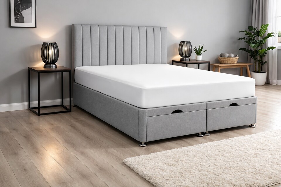image 1 of Lift Up Ottoman Apollo Silver Plush 4ft Small Double Bed Set Headboard with Mattress