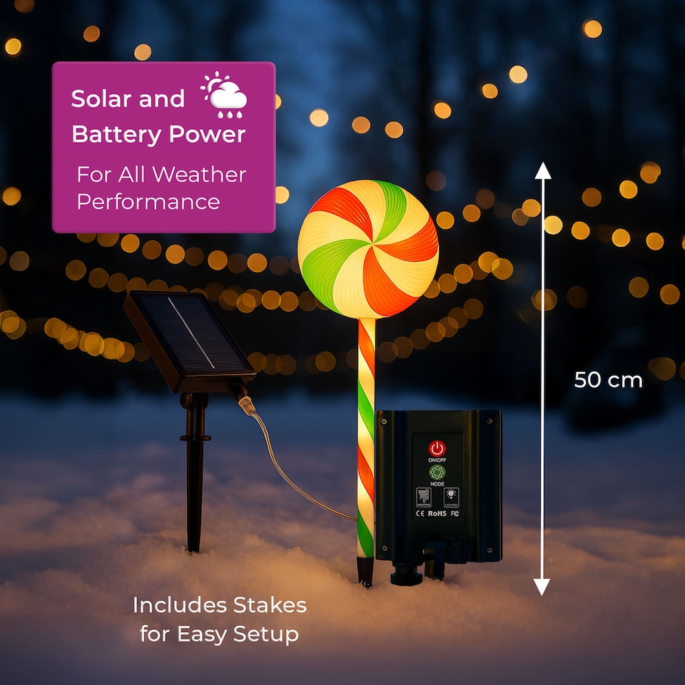 image 1 of Neo Large 50cm Candy Cane Lolly Lollipop Christmas Remote Solar and Battery Powered Lights 6 Pack LED Path Stakes Timer 8 Modes Timer Outdoor Décor