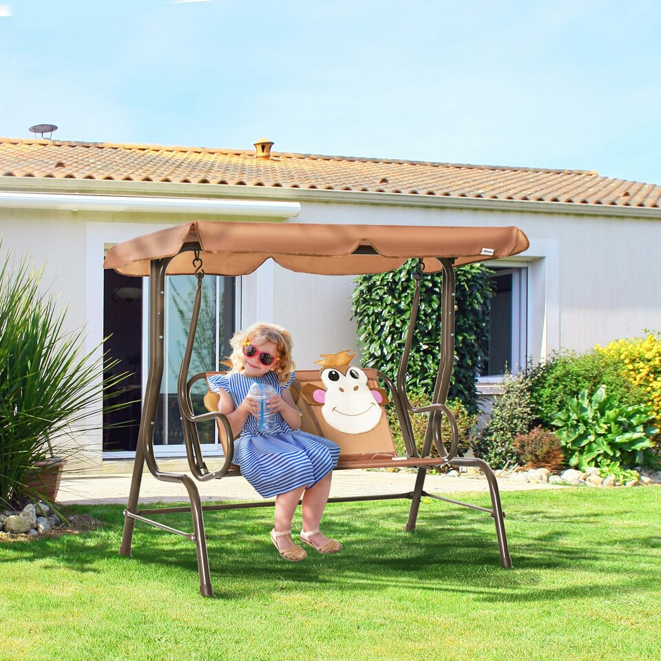 image 1 of Outsunny 2 Seat Kids Canopy Swing Chair w/ Adjustable Awning, Seatbelt - Brown