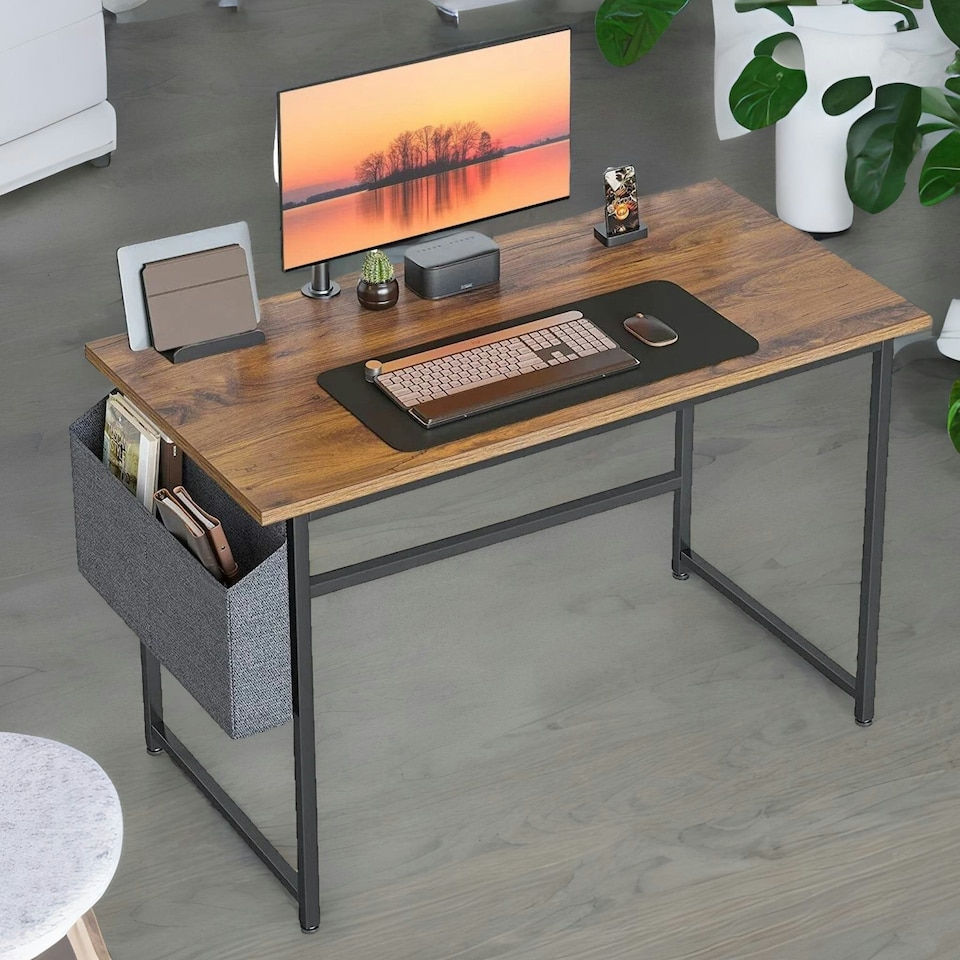 image 1 of Industrial Computer Desk With Storage Bag Brown