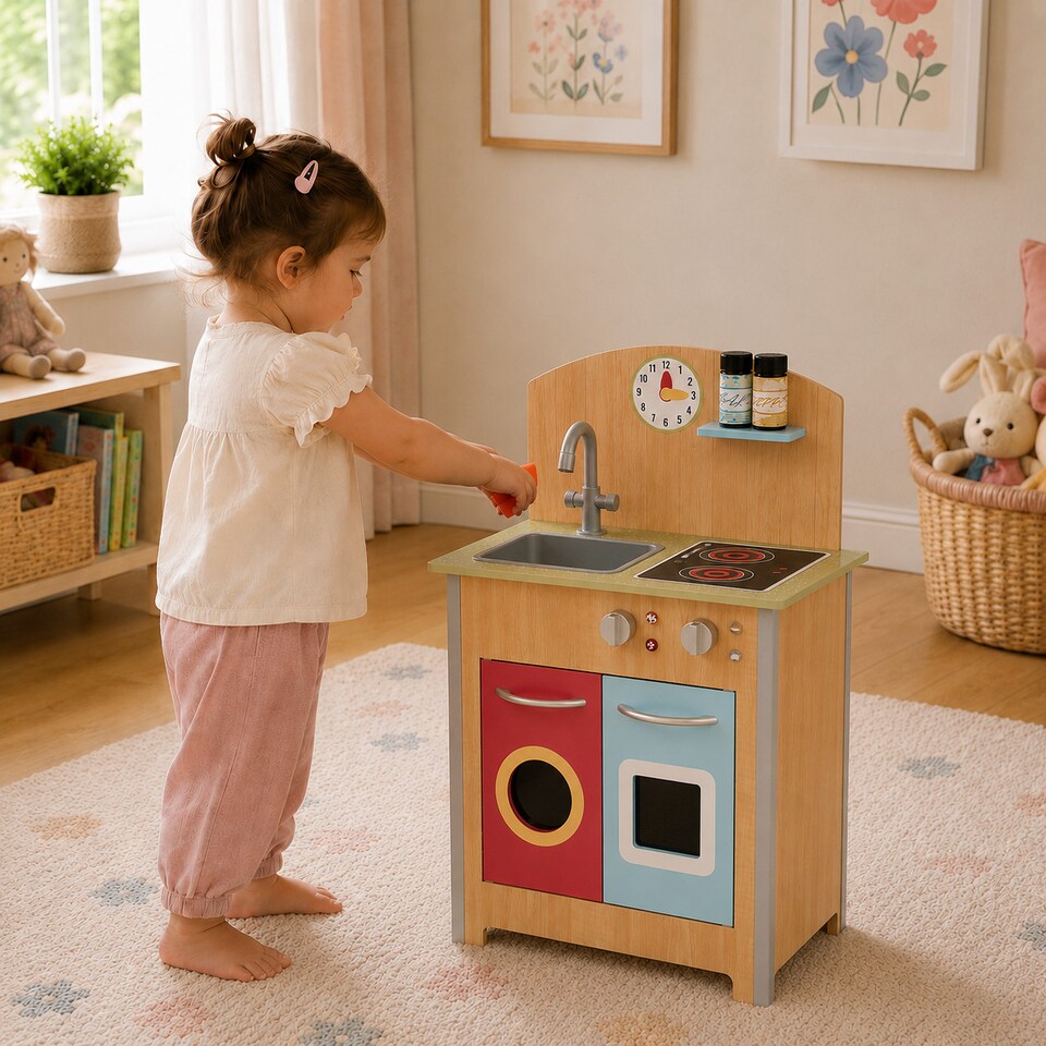 image 1 of Teamson Kids Wooden Play Kitchen with 4 Accessories, Wooden, Porto