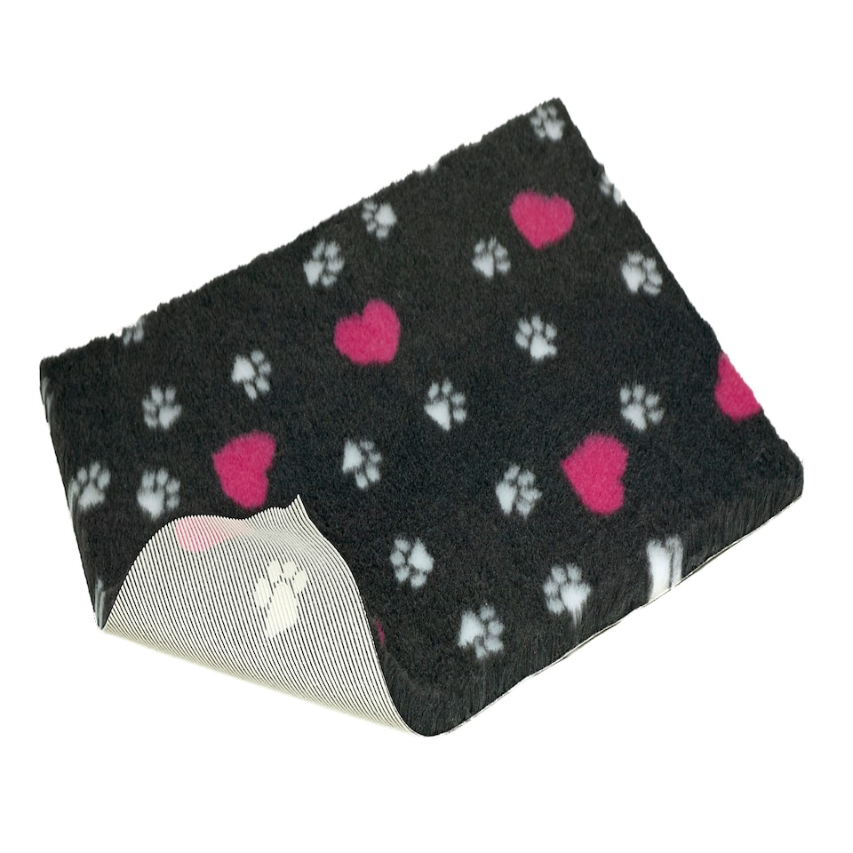 Nonslip Vetbed Charcoal with Pink Hearts and Paws 100cm x 75cm