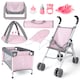 image 1 of 5-in-1 Baby Doll Accessories Play Set – Pink Stroller, Cot, Play Mat, Bouncer & Travel Bags Fits 12"–14" Dolls (Doll Not Included)