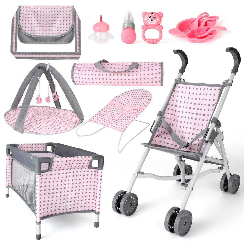 image 1 of 5-in-1 Baby Doll Accessories Play Set – Pink Stroller, Cot, Play Mat, Bouncer & Travel Bags Fits 12"–14" Dolls (Doll Not Included)