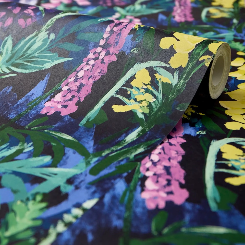 image 1 of Enchanted Meadow Wallpaper in Lilac, Blue and Yellow | Blue | Lilac, Blue and Yellow | 50cm x 10m