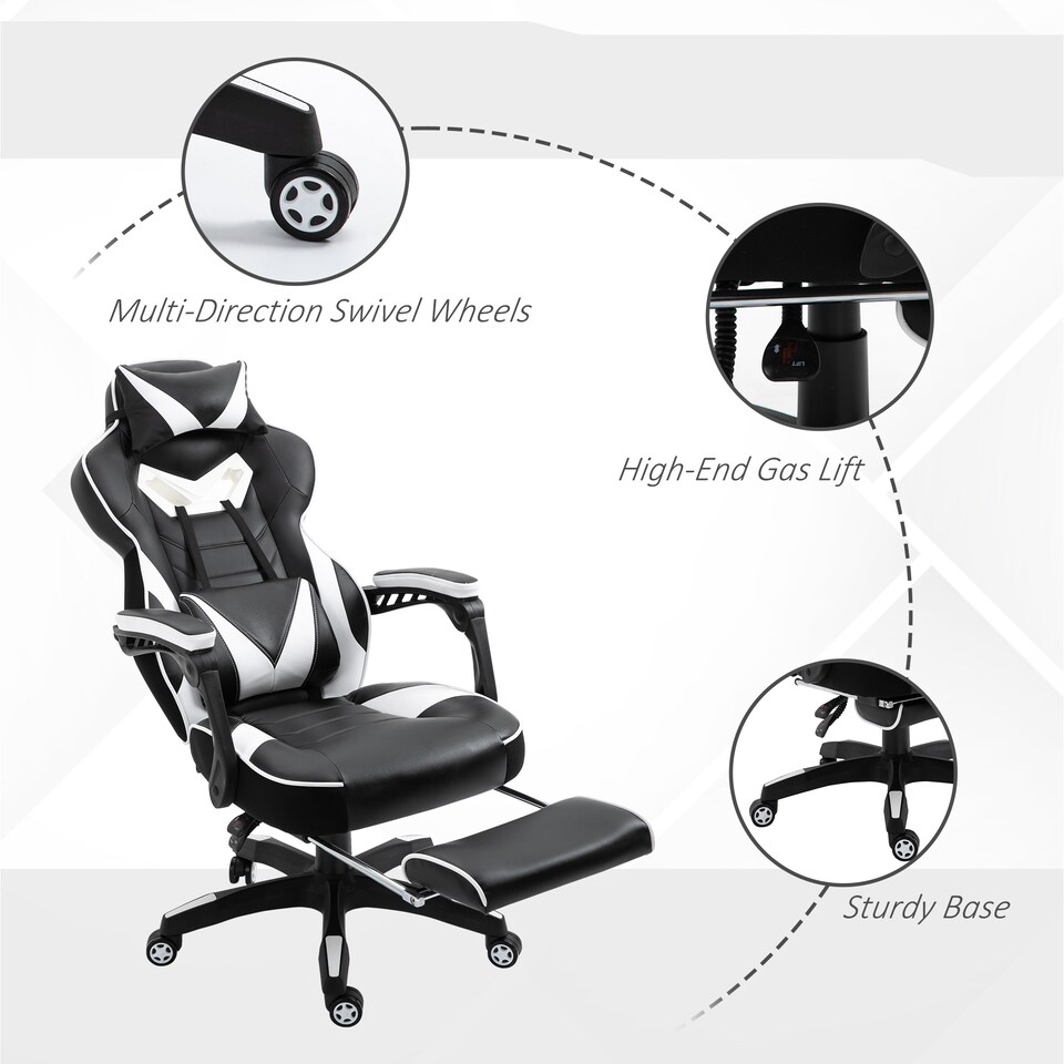image 1 of Vinsetto Computer Gaming Chair, Racing Desk Chair with Lumbar Support and Footrest, PU Leather Gamer Chair with Headrest and Swivel Wheels for Home, White