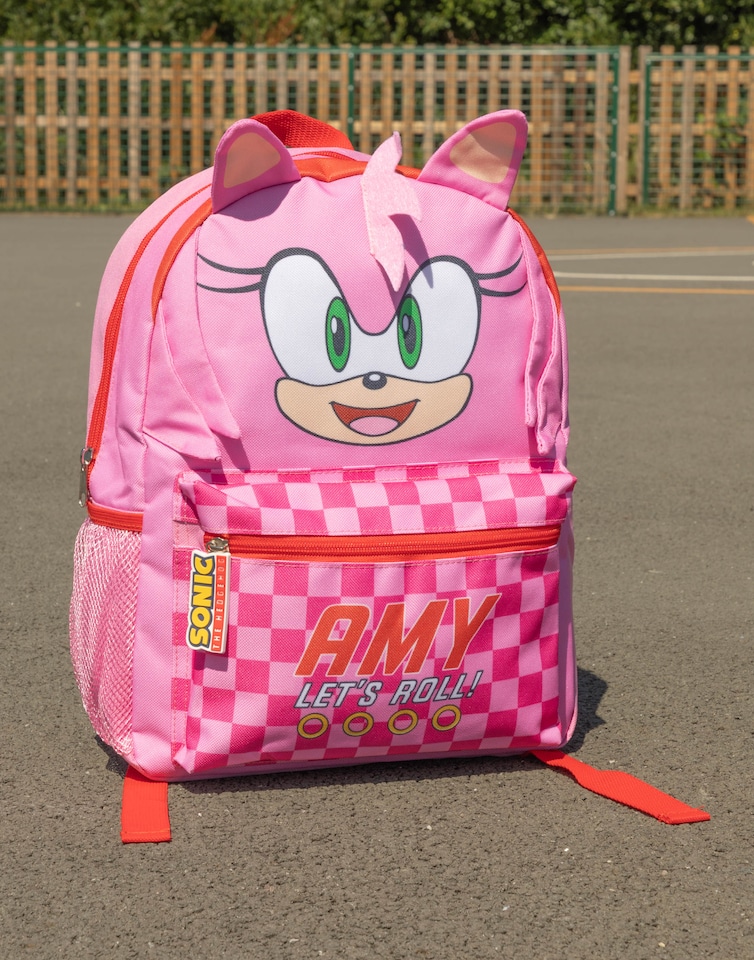 image 1 of Sonic the Hedgehog Kids Pink 3D Amy the Hedgehog Backpack - Character School Bag with 'Amy Let's Roll' Text - Zip Closure - Carry Bag for Books & Lunch Boxes - Sonic Merch Rucksack | Pink | Pink