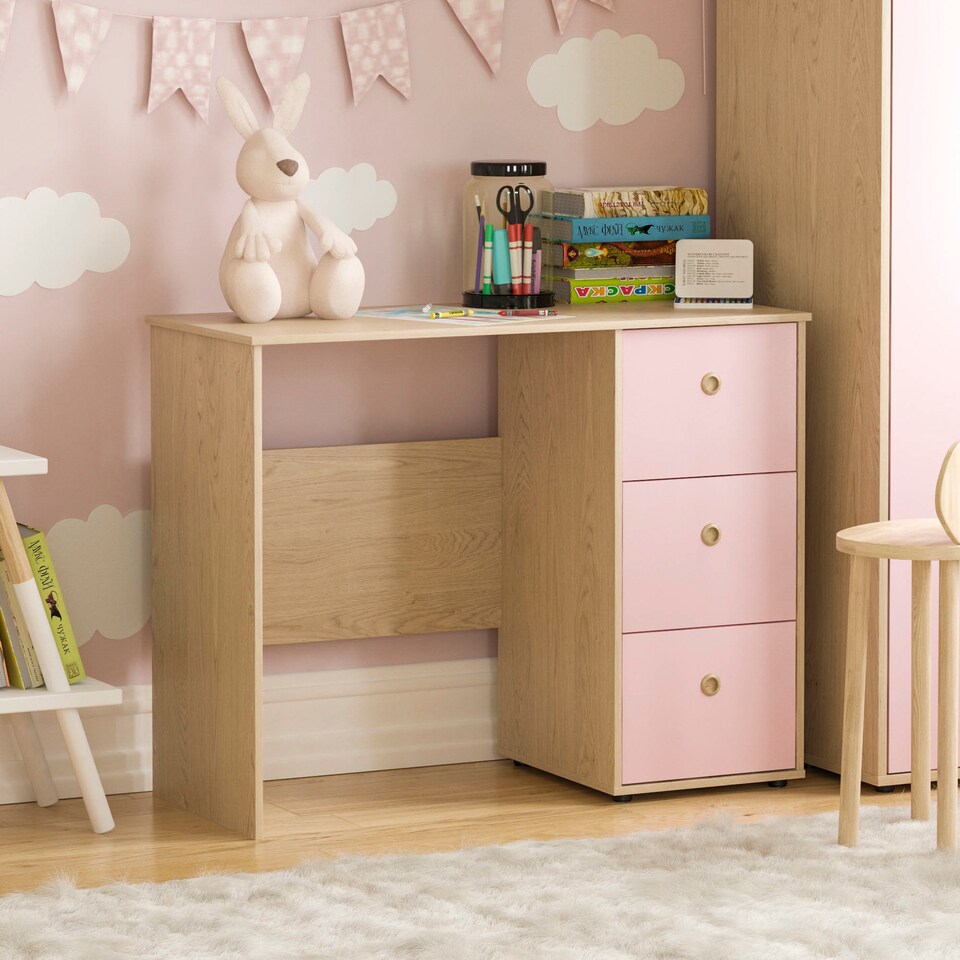 image 1 of Junior Vida Neptune 3 Drawer Desk Computer Desk Home Workstation, Pink & Oak