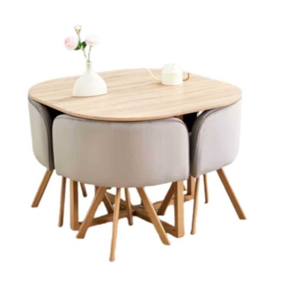 image 1 of Space Saving Dining Table with 4 Velvet Chairs Set, Dining Room Furniture Grey