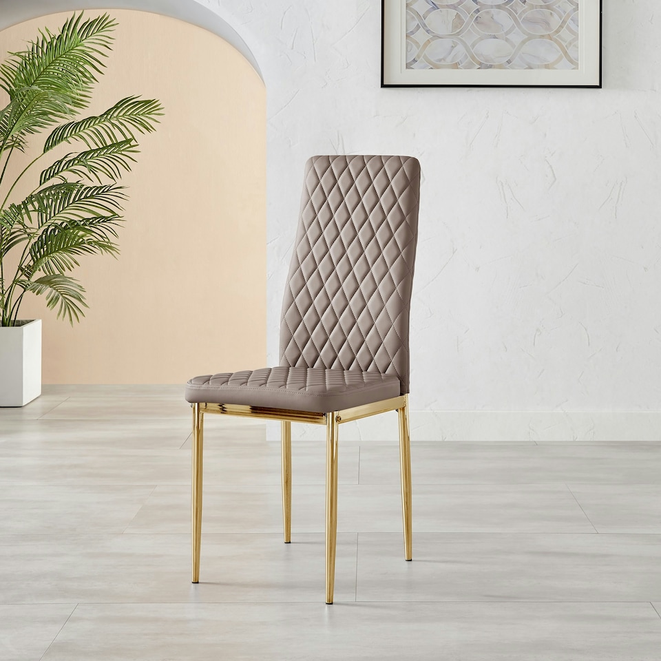 image 1 of Furniturebox 4x Milan Cappuccino Beige Gold Hatched Faux Leather Dining Chairs