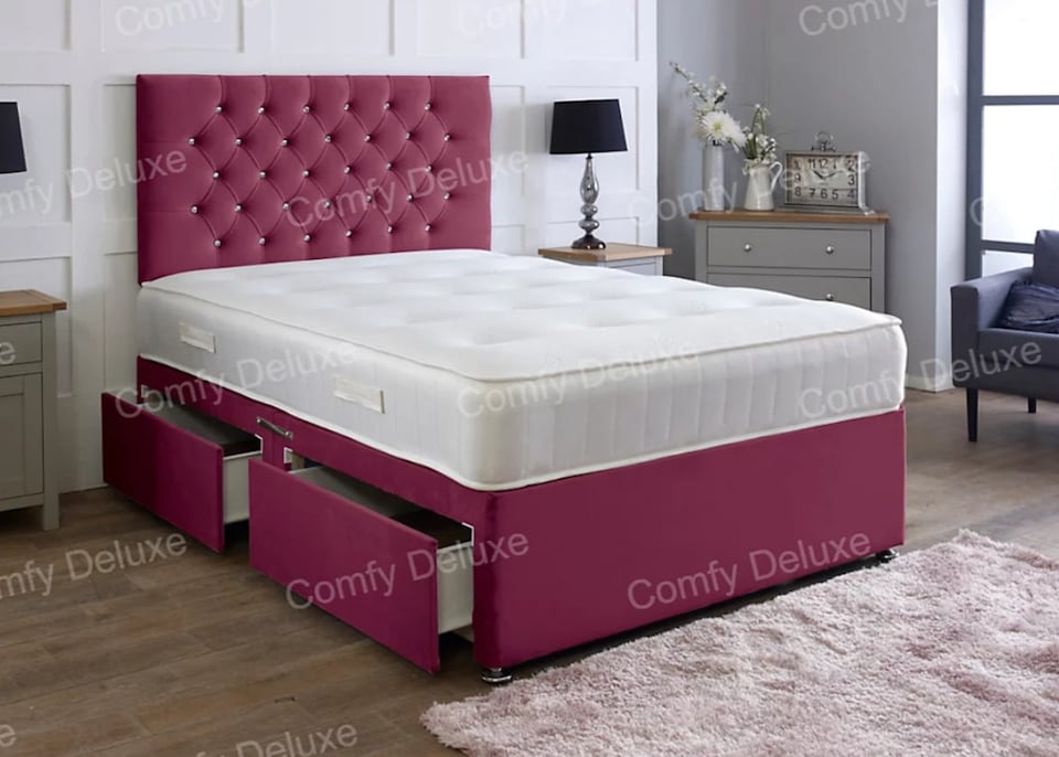 3ft Single Maroon Plush Velvet Divan Bed With Headboard & Memory Sprung Mattress 2 Drawers Same Side