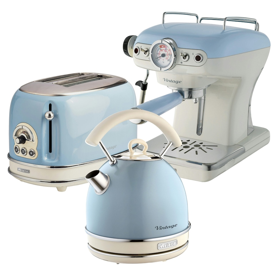 image 1 of Ariete ARPK18 Vintage Retro Dome Kettle, Toaster & Espresso Coffee Machine Set, Blue