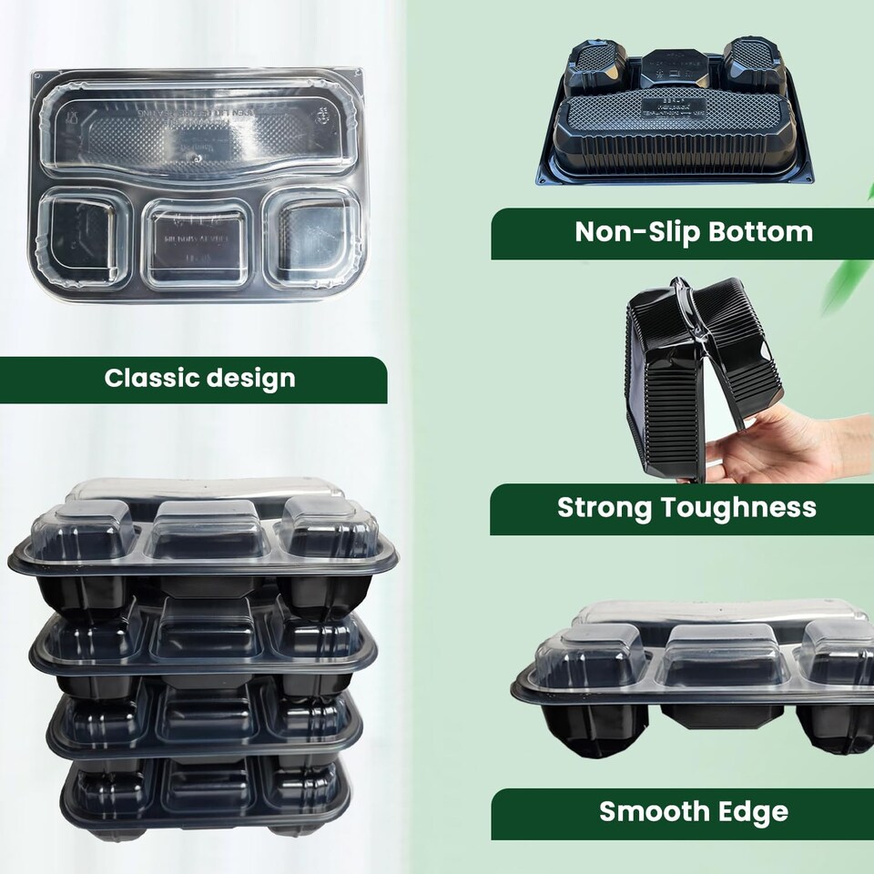 image 1 of Black 4 Compartment Meal Prep Containers With Lid Plastic Microwave Safe Food Storage Box 50pc