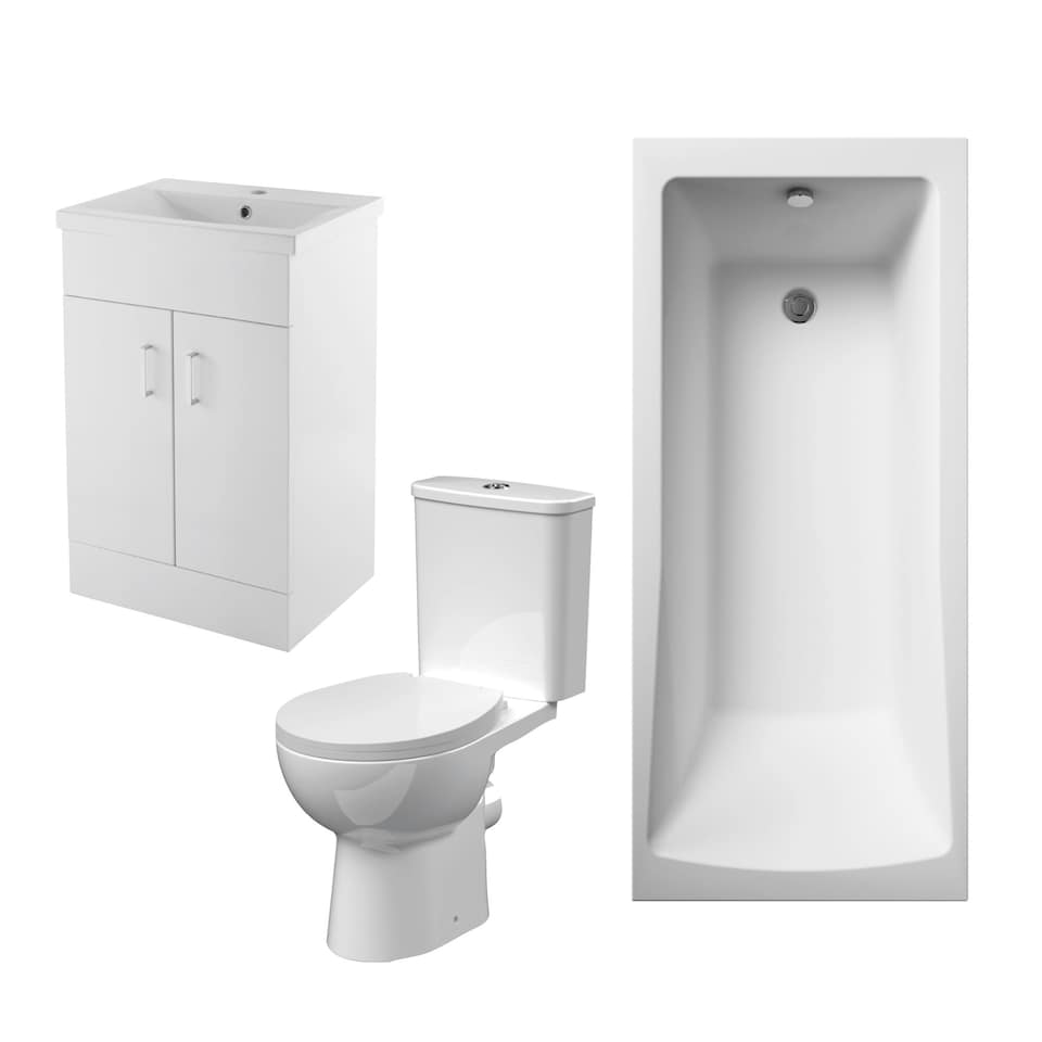 1700mm Bathroom Suite with Square Single Ended Bath Tub, Front Panel, 500mm Vanity Basin Unit and Toilet and Seat - Gloss White White