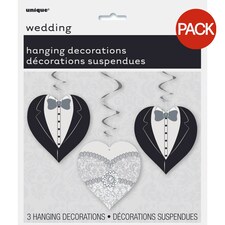 Unique Party Heart Wedding Hanging Decoration (Pack of 3) - Black/White/Silver - One Size