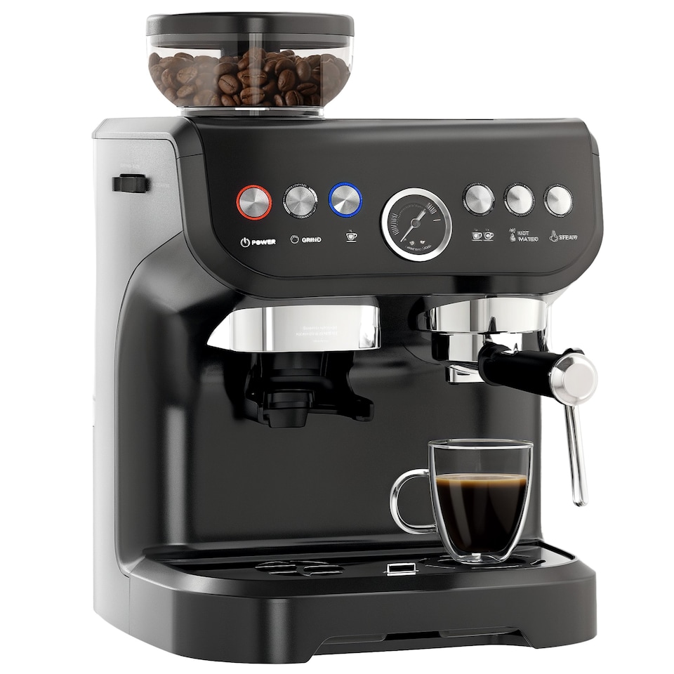 image 1 of HOMCOM Espresso Machine with Integrated Bean Grinder & Steam Wand, Bean to Cup Coffee Machine with 15 Bar Italian Pump, 2L Water Tank, Cappuccino Maker, Stainless Steel Black