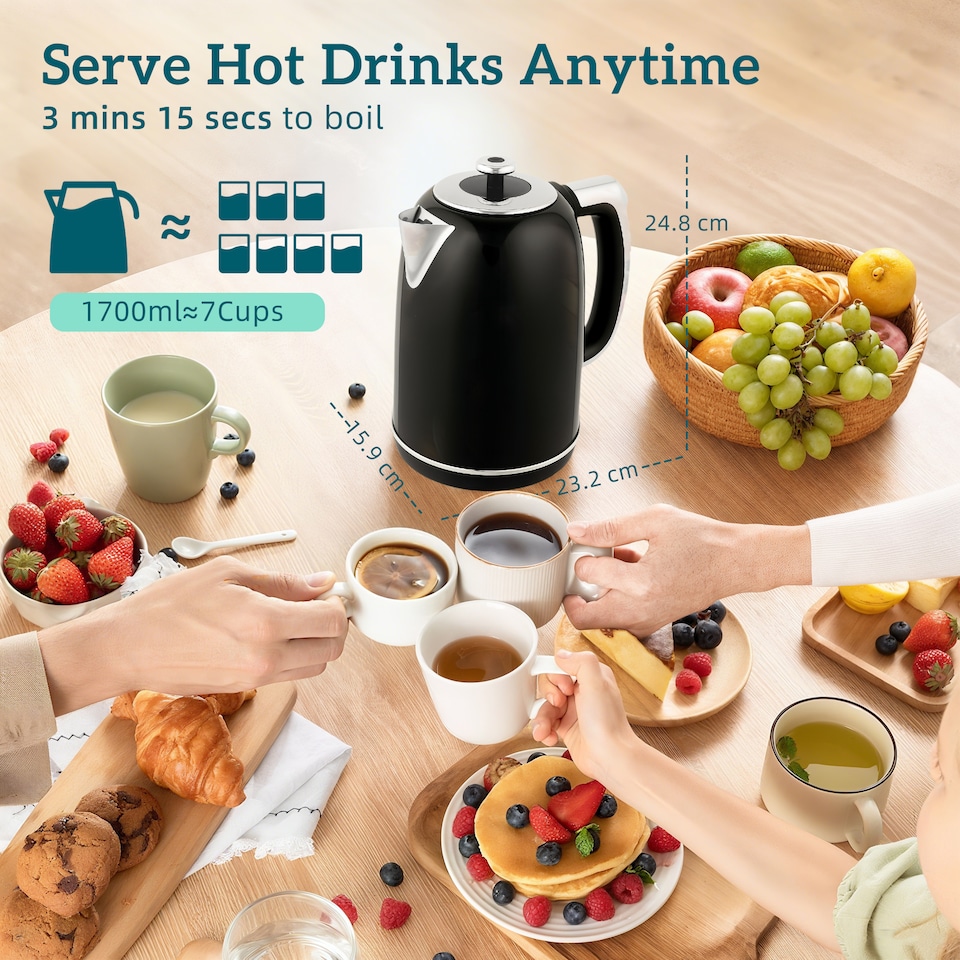 image 1 of HOMCOM Kettle and Toaster Set with LED Screen, 1.7L 3000W Retro Rapid Boil Jug Kettle with Keep Warm Memory Function, 2 Slice Toaster with 6 Browning Controls, Crumb Tray, Black | Black