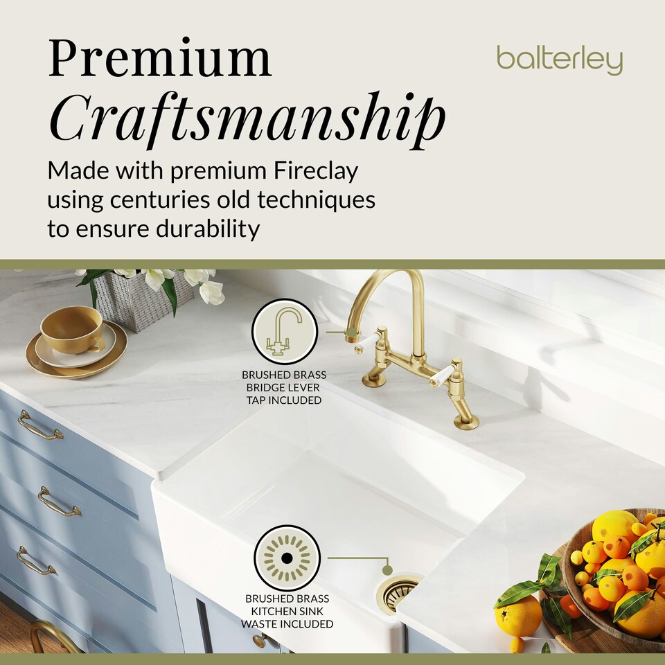 image 1 of Fireclay Kitchen Bundle - Single Bowl Belfast Sink, Strainer Waste & Bridge Lever Tap, 595mm - Brushed Brass - Balterley