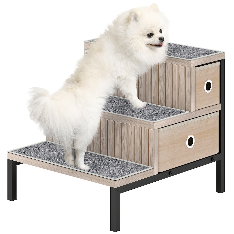 image 1 of PawHut Dog Stairs with Storage, Pet Steps for Older Cats & Small Dogs with Non-Slip Cover, Puppy Pet Steps for Sofa, High Bed, Oak Tone