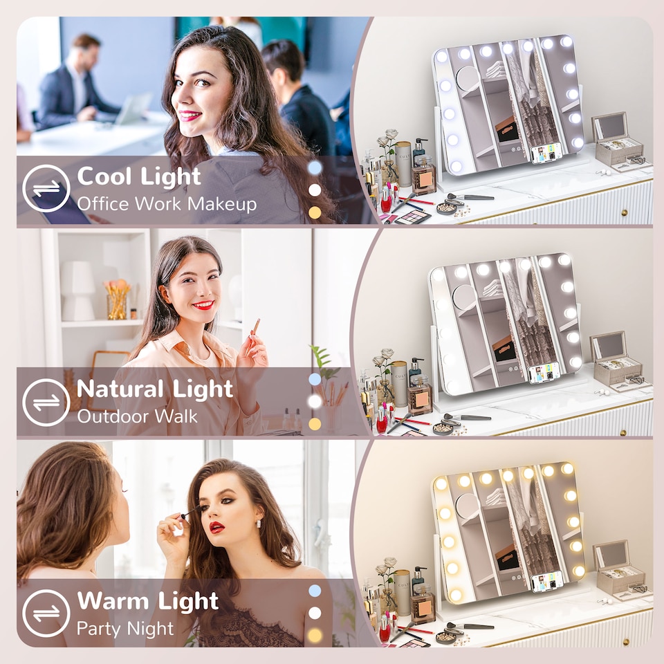 image 1 of HOMCOM Hollywood Vanity Mirror with Lights, Large 6350 cm Lighted Makeup Mirror with 3 Colour, 14 LED Bulbs, 10 Magnifying, USB Charging Port, Phone Holder