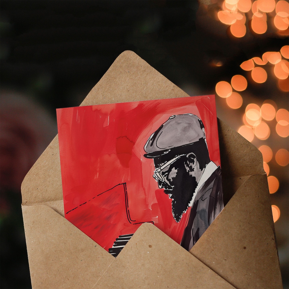 image 1 of Greeting Card Thelonious Monk Jazz Piano Music Red Portrait Birthday