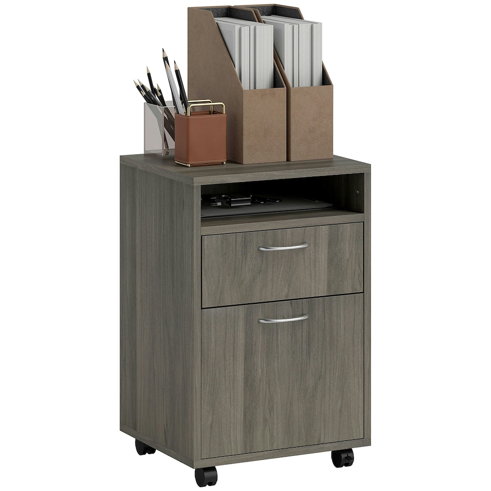 image 1 of HOMCOM 60cm Filing Cabinet with Drawers and Open Shelf, Grey