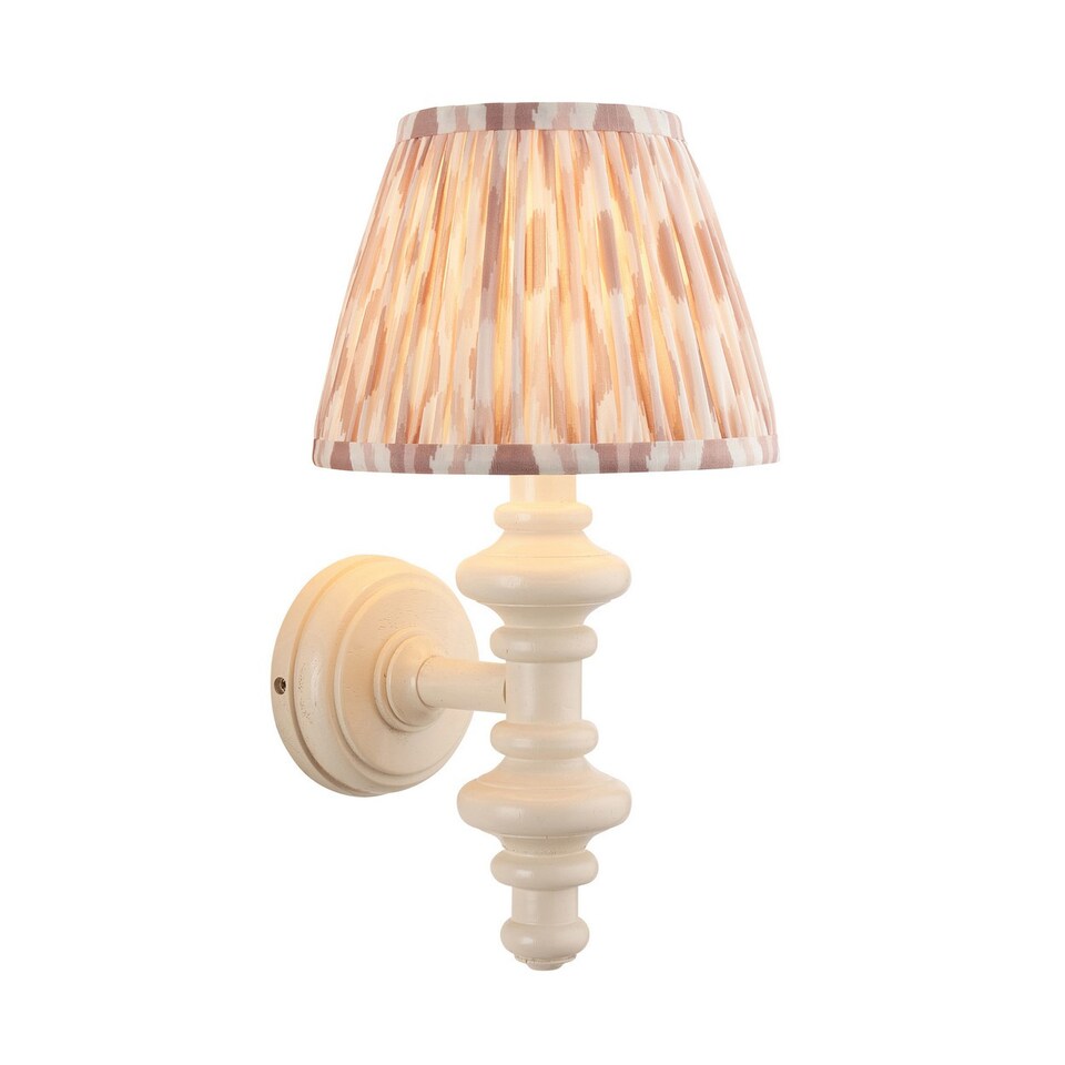 image 1 of Carnaby Satin Almond White Paint Wall Light with Neutral Print Fabric Ikat Shade 20cm B22
