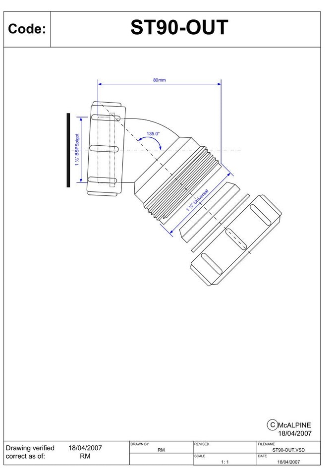 image 1 of McAlpine Universal Bend 135deg x BSP Loose Coupling Nut 1.5''   ST90-OUT