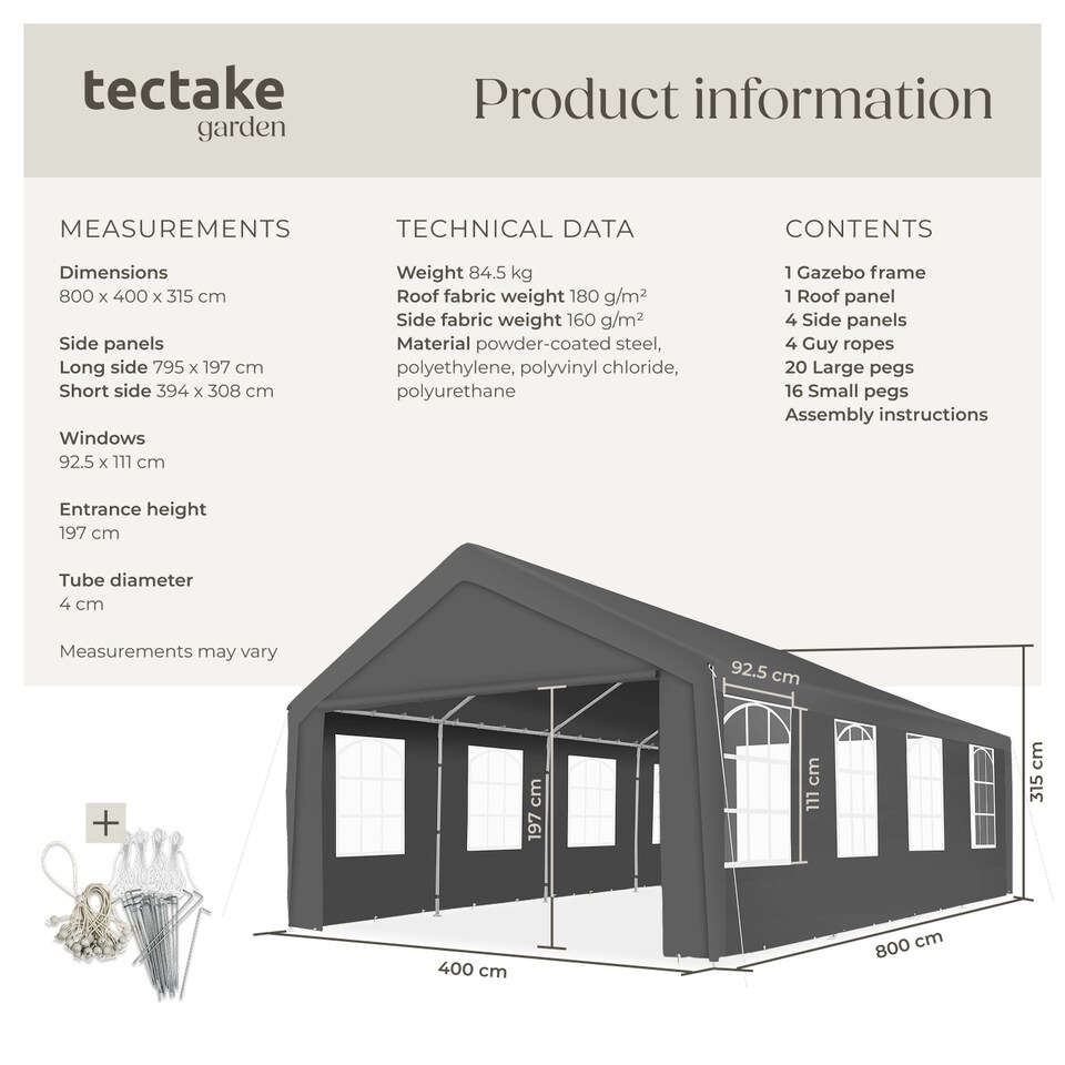 image 1 of Gazebo Mammut - 8 x 4 m, removable side panels, weather & UV-resistant, plug-in system | Grey | grey | 800 x 400 x 315 cm | 1