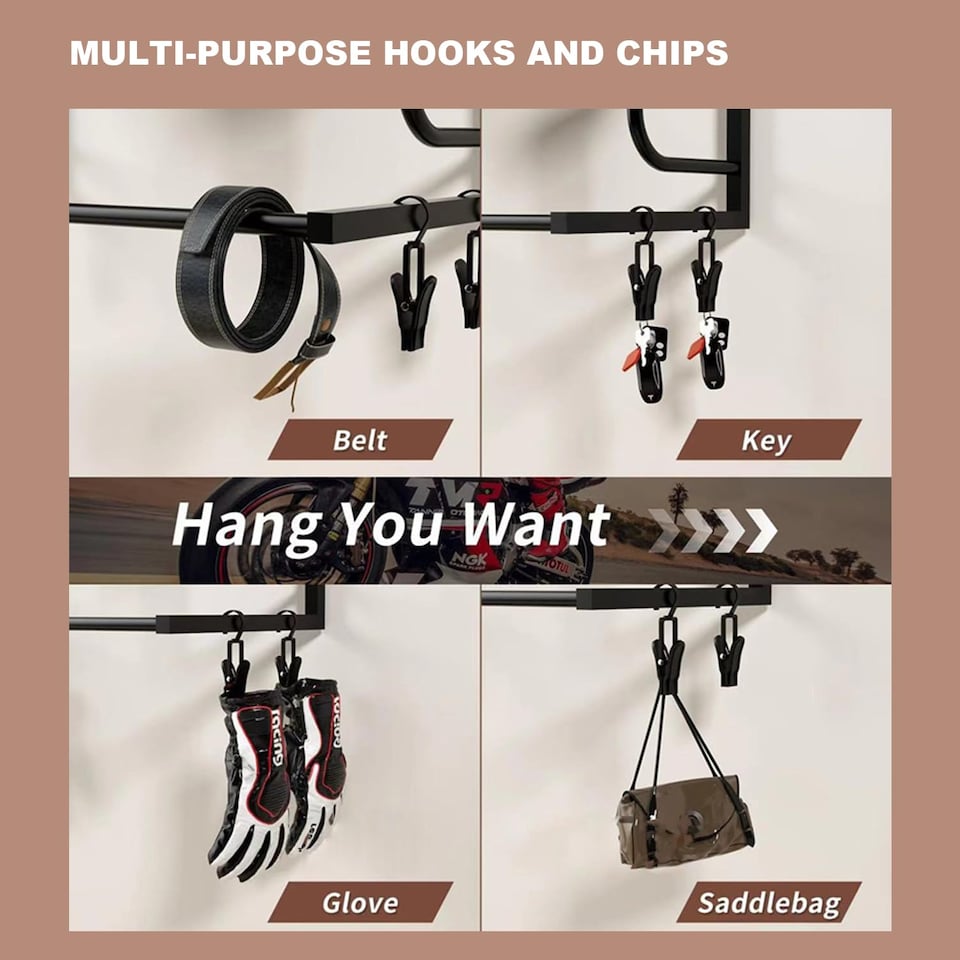 image 1 of London Boutique Motorcycle Helmet Wall Storage Rack with Riding Boot & Jacket Hooks 42 x 25 x 81cm