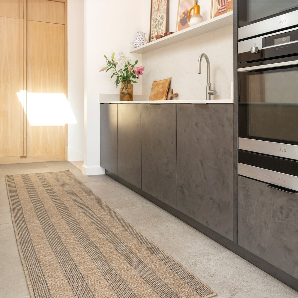 image 1 of KUKOON Leni Machine Washable Striped Rug – Modern Beige Jute-Look Area Mat 226cm x 311cm