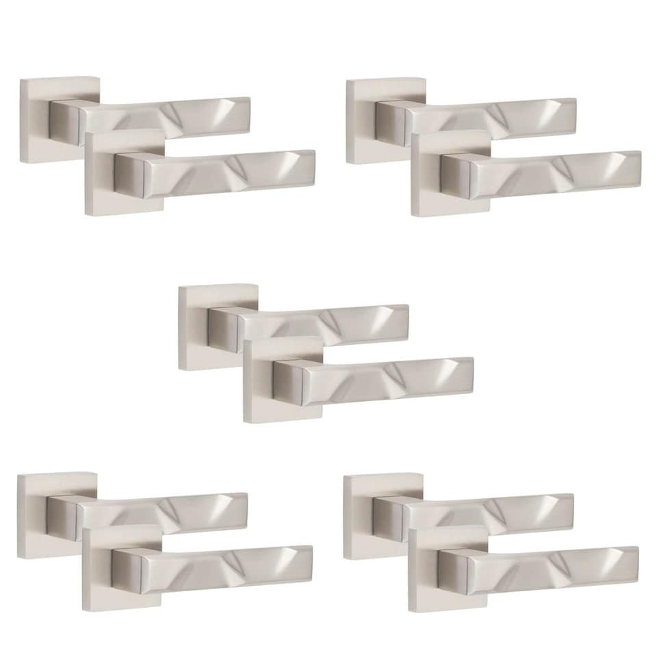 image 1 of Golden Grace 5 Pairs Modern Nova Premium Design Door Handles on Square Rose in Satin Nickel Finish Grey