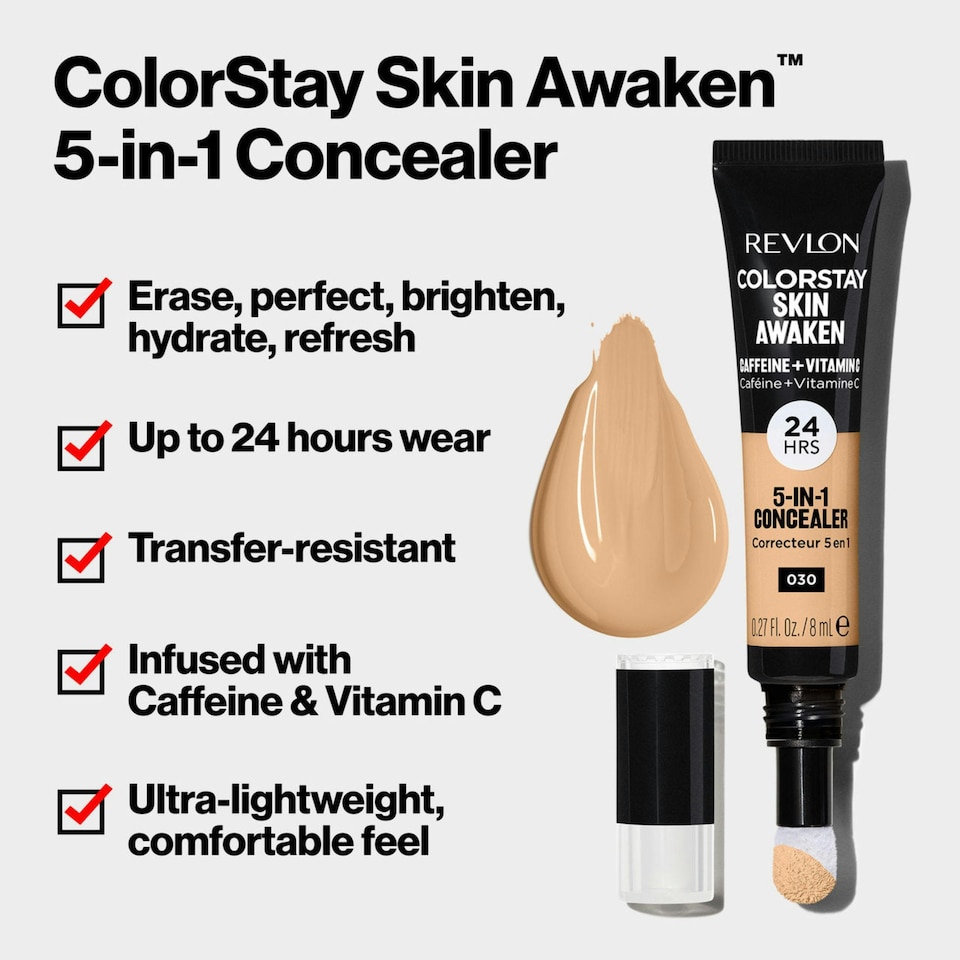 image 1 of Revlon ColorStay Skin Awaken 5-in-1 Concealer with Caffeine & Vitamin C 24HR Lasting Wear Fragrance & Paraben Free, 8ml, Light Medium N/A