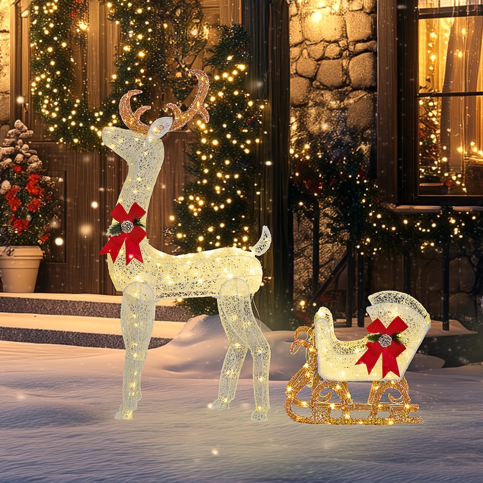 image 1 of Outsunny Light Up Reindeer and Sleigh Christmas Decoration, Outdoor Lighted Deer Xmas Decor with 170 LED Lights for Holiday, Lawn, Garden, Yard, White