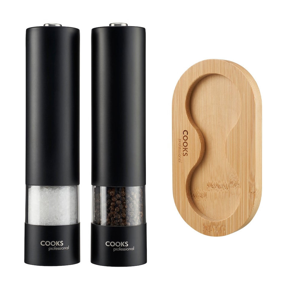 image 1 of Cooks Professional Electric Salt & Pepper Mill Set with Bamboo Base | Black | 2