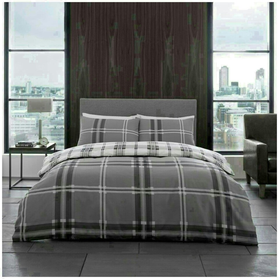 image 1 of VELVETIO Bardsley Check Printed Duvet Cover Set Reversible Polycotton Beddings Grey | Double