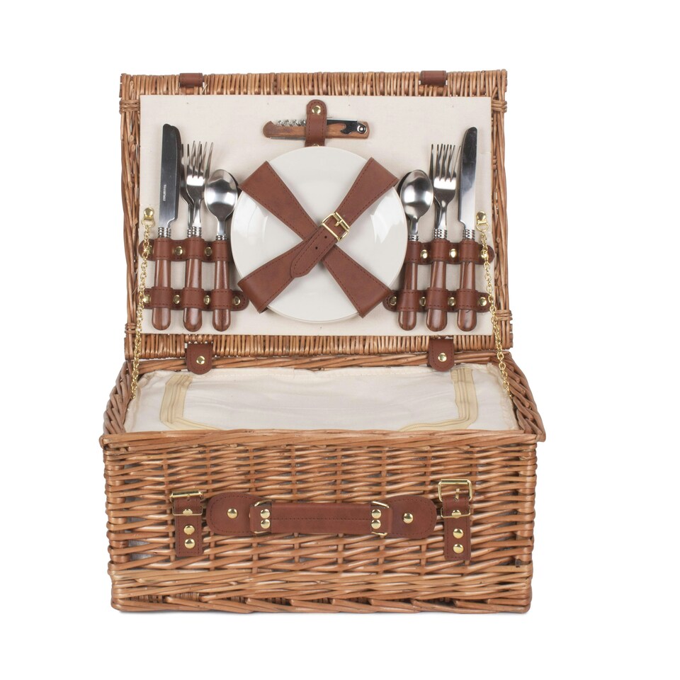 image 1 of 4 Person Classic Wicker Fitted Picnic Basket | White | White | 1