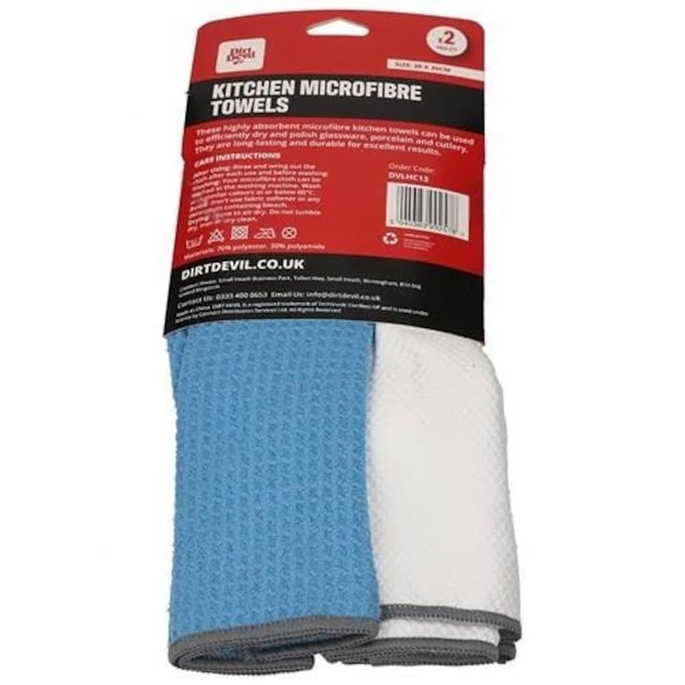image 1 of Dirt Devil Pack of 2 Kitchen Microfibre Towels 30 x 30cm Blue White Blue | White