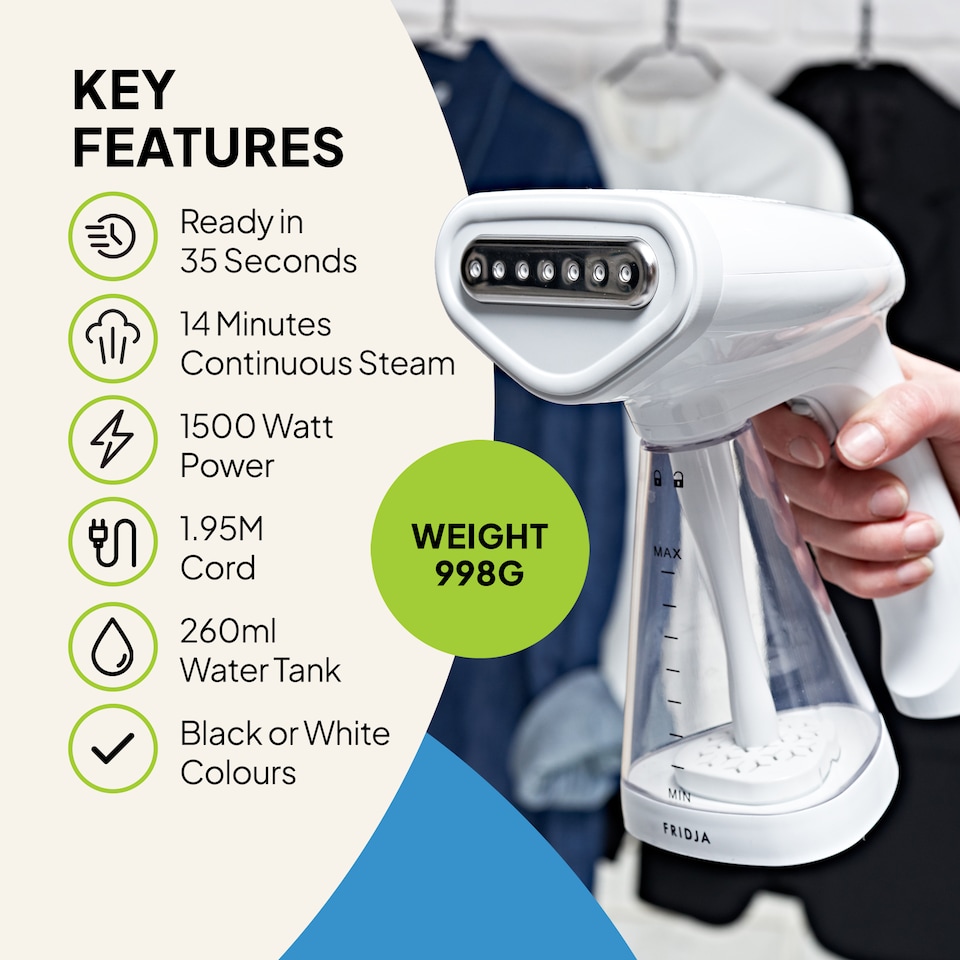 image 1 of Fridja F10 Handheld Clothes Steamer 1500W Portable Travel Size