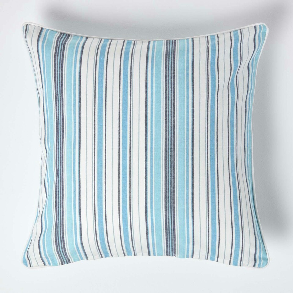 image 1 of Homescapes Cotton New England Stripe Cushion Cover - 60 x 60 cm | Blue | Blue | 60 x 60 cm