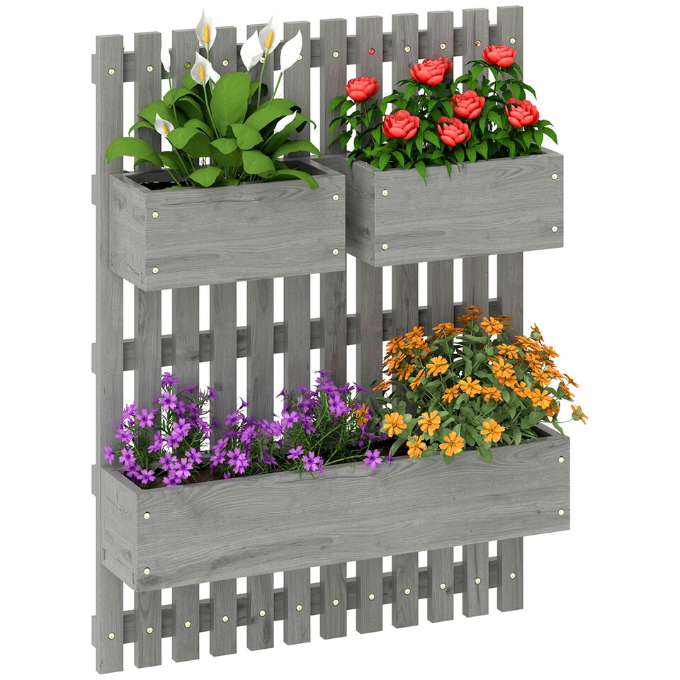 image 1 of Outsunny Wooden Garden Planters with Trellis Wall-mounted Raised Bed Grey