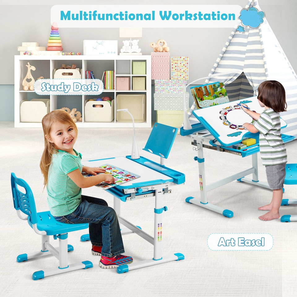 image 1 of COSTWAY Kids Desk and Chair Set Height Adjustable Kids Study Table and Chair Set-Blue