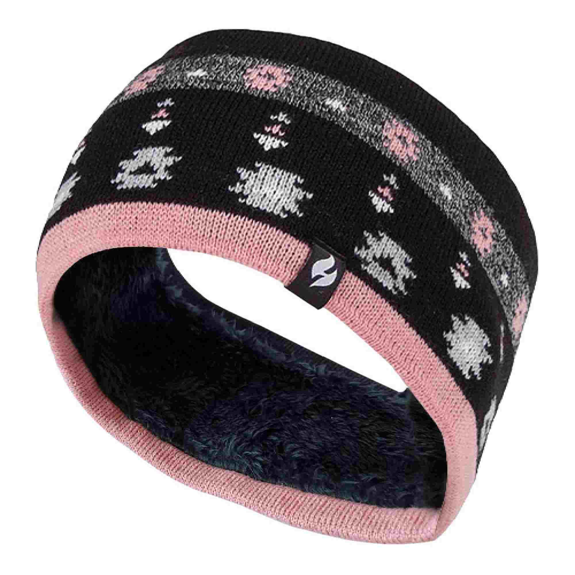 Ladies Cable Knitted Fleece Lined Thermal Winter Ear Warmer Headband Black Black/Pink One Size 1
