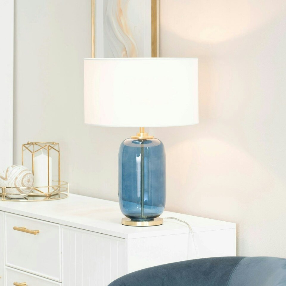 image 1 of ValueLights Leigh Navy Blue Glass and Gold Detail Table Lamp Base White